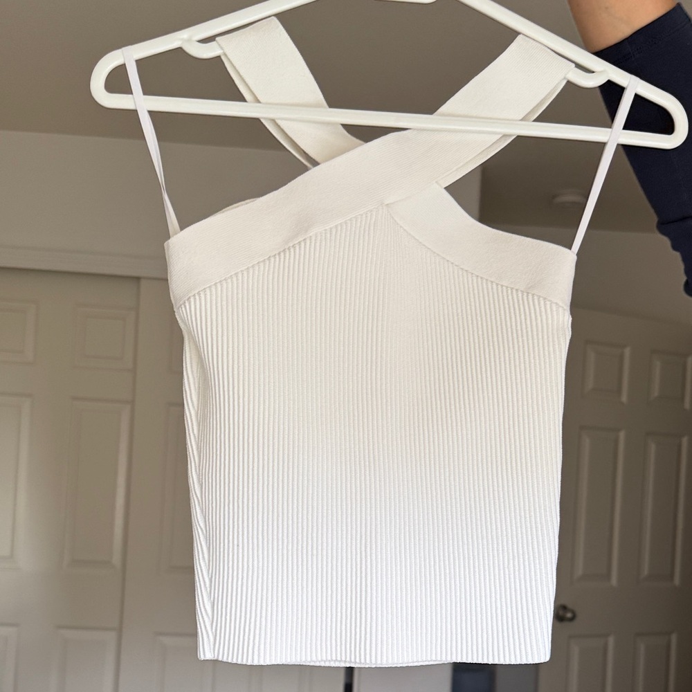 Aritzia Babaton White Ribbed Criss Cross Top